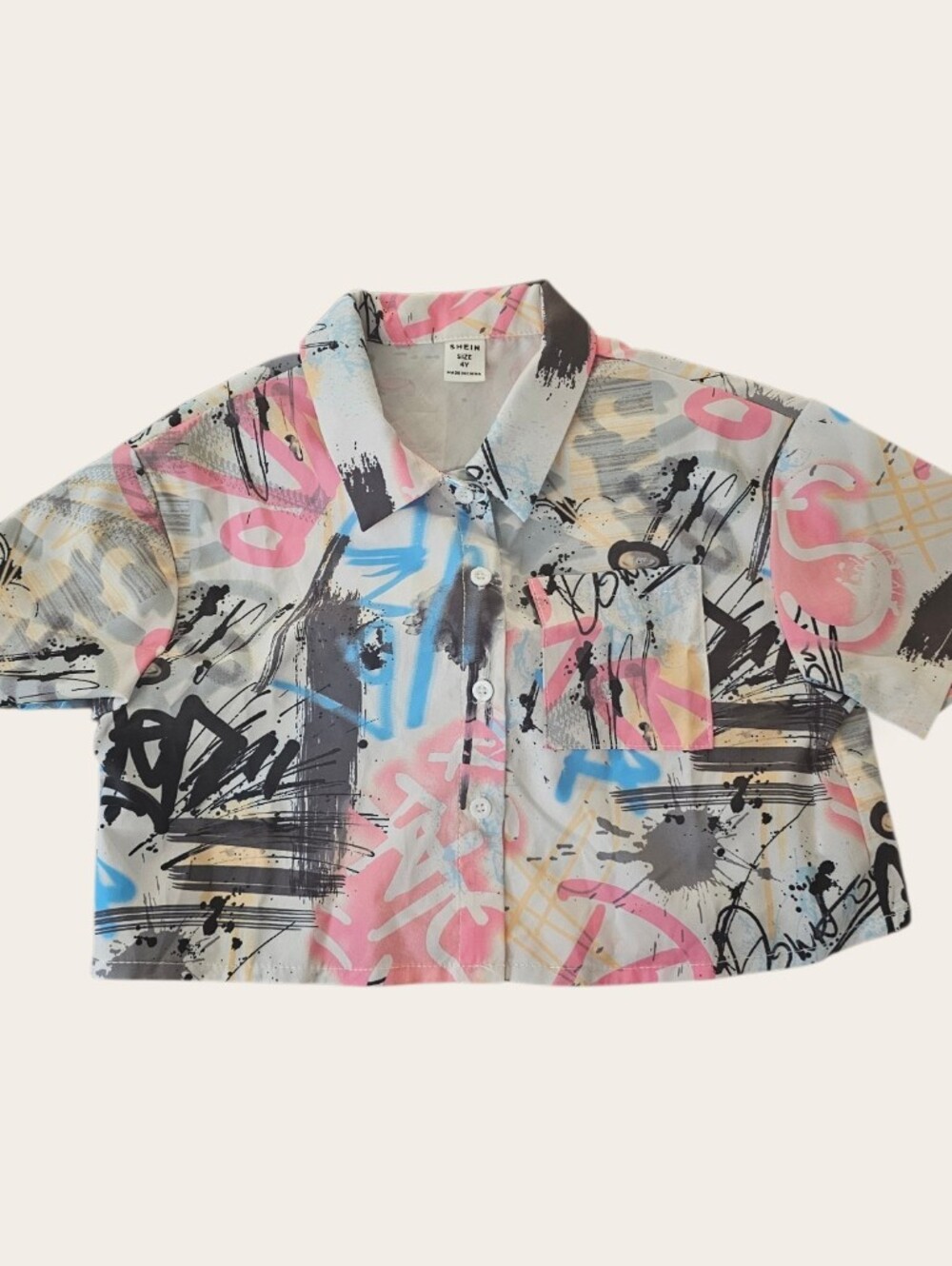 SHEIN Kids Short-Sleeve Graffiti Button-Down Cropped Shirt - Pink & Blue